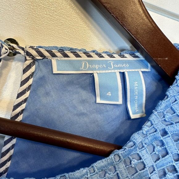 Draper James Size 4 Top Lattice Double Bell Sleeve Blue White Lace Sheer Easter - Picture 11 of 12